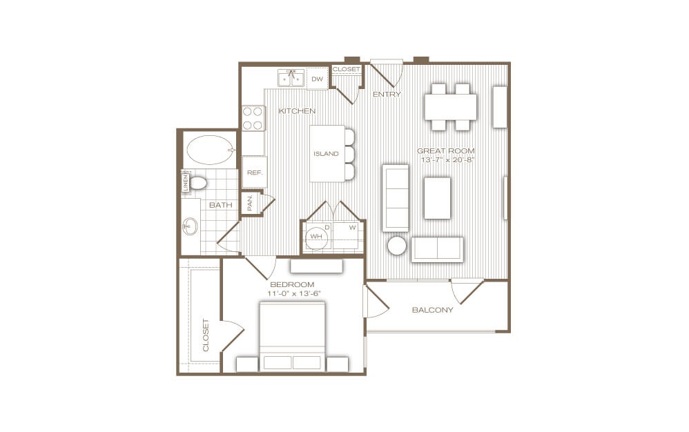 The Avalon - 1 bedroom floorplan layout with 1 bath and 815 square feet.