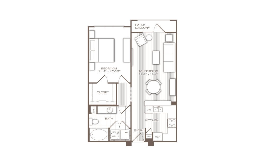 The Biltmore - 1 bedroom floorplan layout with 1 bath and 745 square feet.