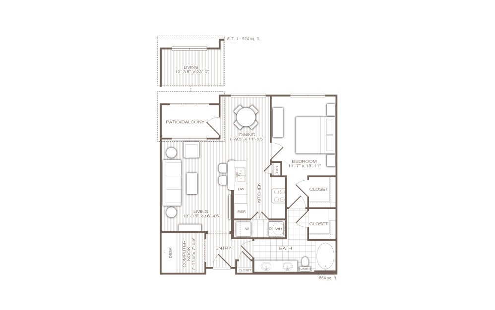 The Bowery - 1 bedroom floorplan layout with 1 bathroom and 809 - 924 square feet