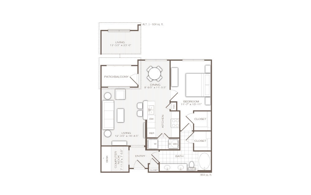 The Bowery - 1 bedroom floorplan layout with 1 bath and 809 to 924 square feet.