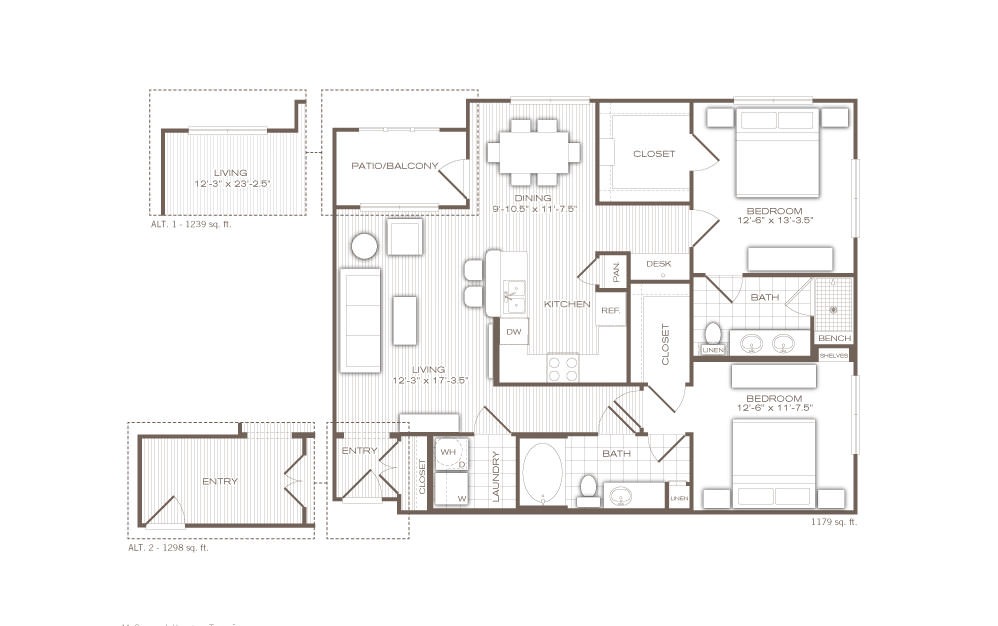 The Delano - 2 bedroom floorplan layout with 2 baths and 1147 to 1298 square feet.