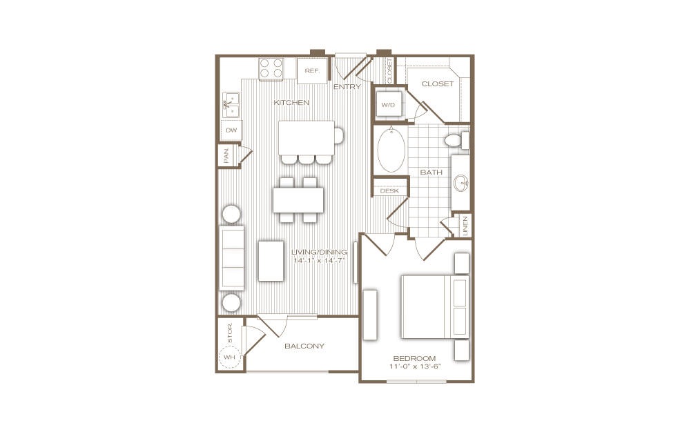 The Gramercy - 1 bedroom floorplan layout with 1 bath and 763 to 857 square feet.