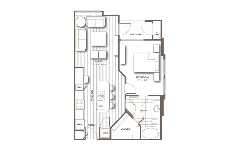 The Langham - 1 bedroom floorplan layout with 1 bath and 685 square feet.
