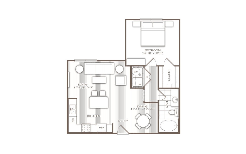 The Mercer - 1 bedroom floorplan layout with 1 bathroom and 857 square feet