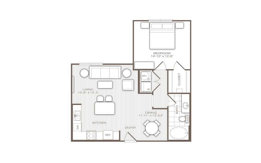 The Mercer - 1 bedroom floorplan layout with 1 bath and 857 square feet.