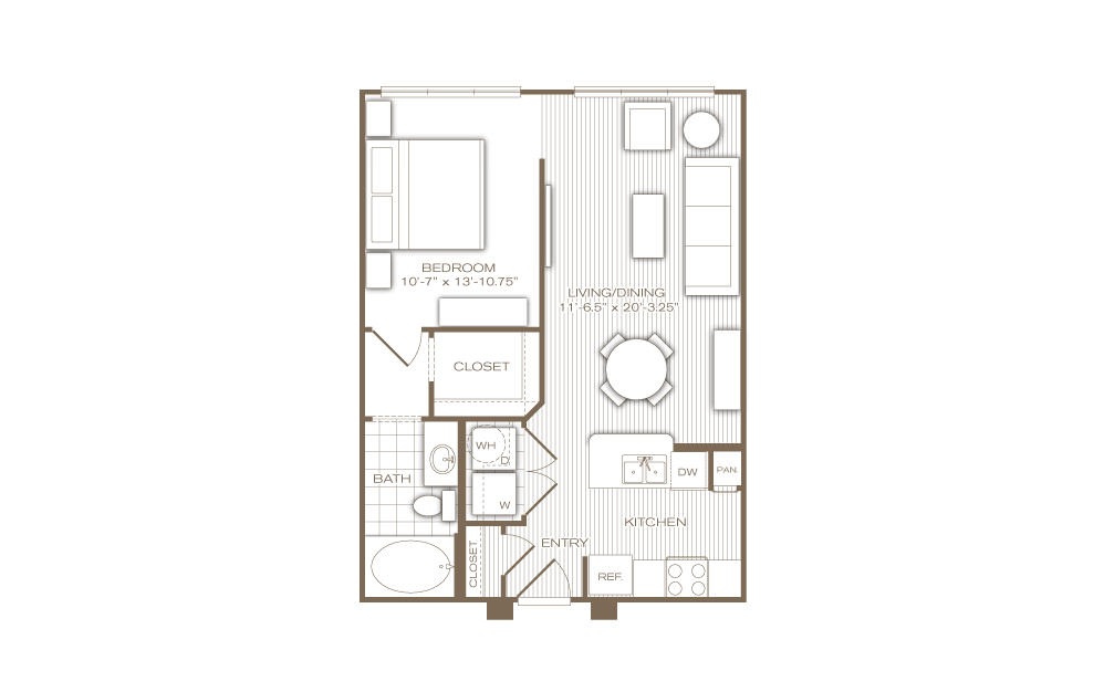 The Mondrian - 1 bedroom floorplan layout with 1 bath and 650 square feet.