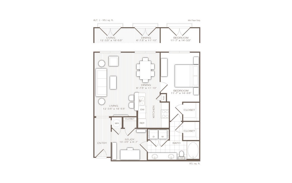 The Paramount - 1 bedroom floorplan layout with 1 bath and 951 to 974 square feet.