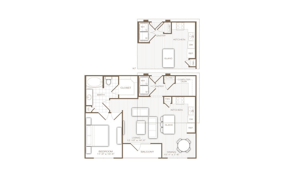 The Peninsula - 1 bedroom floorplan layout with 1 bath and 810 square feet.