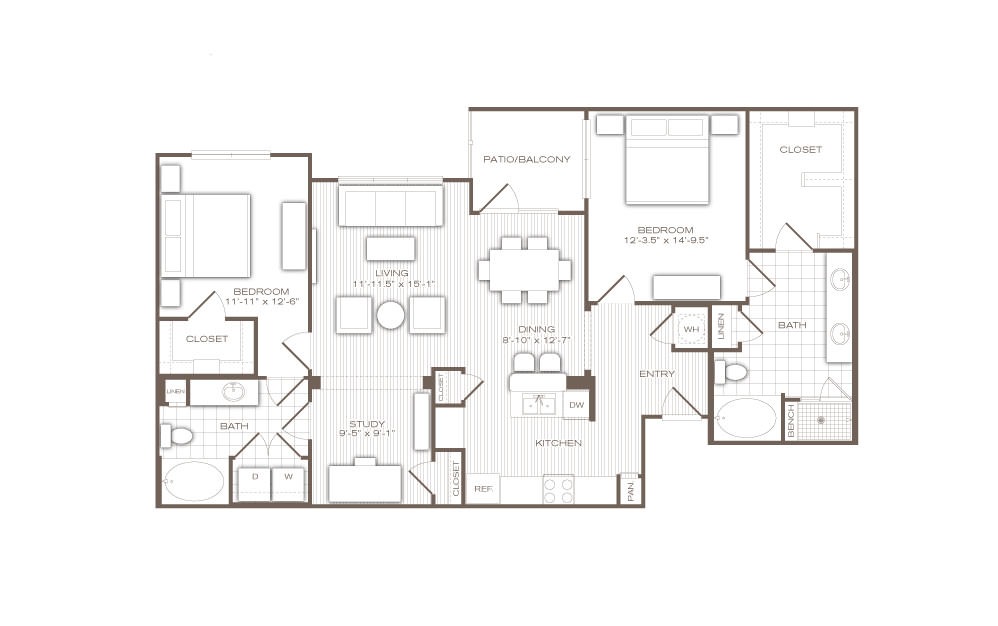 The Savoy - 2 bedroom floorplan layout with 2 baths and 1375 square feet.