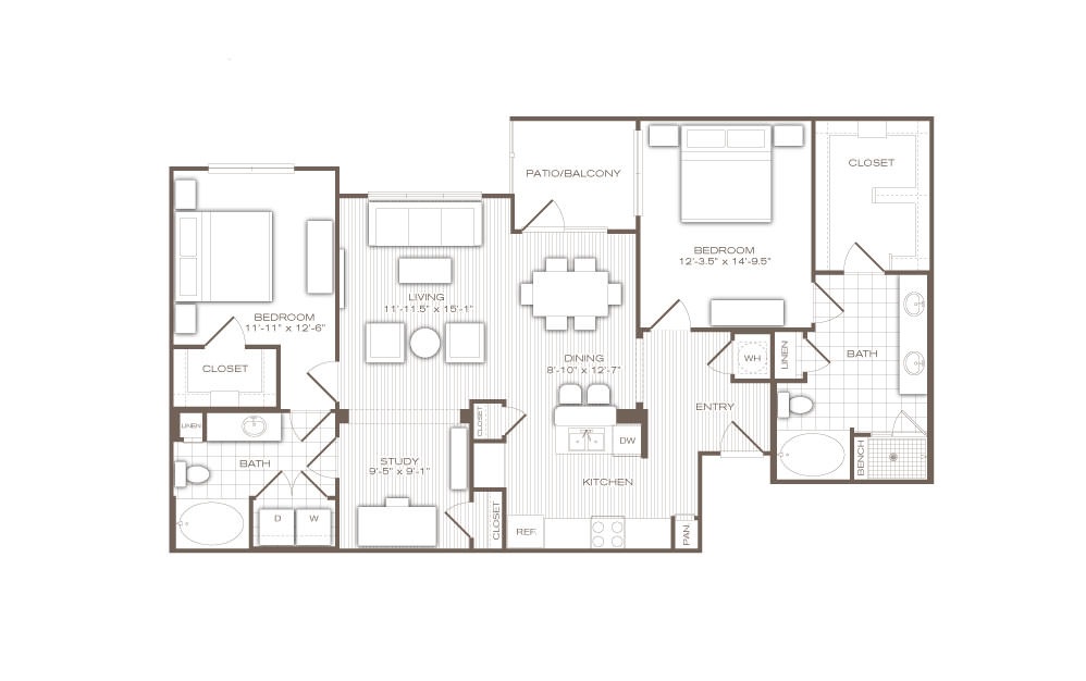 The Savoy - 2 bedroom floorplan layout with 2 bathrooms and 1375 square feet