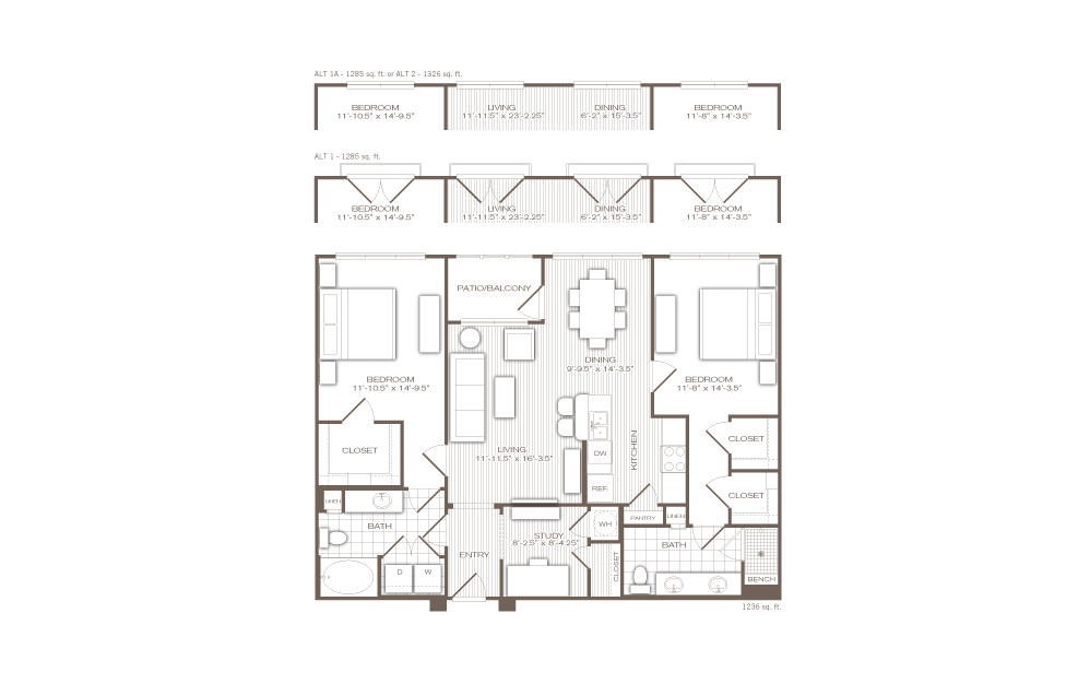 The Viceroy - 2 bedroom floorplan layout with 2 baths and 1236 to 1326 square feet.