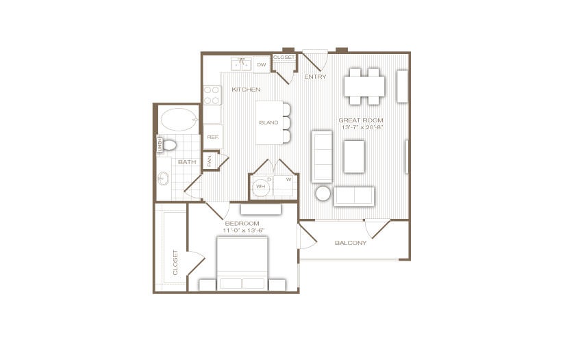 The Avalon - 1 bedroom floorplan layout with 1 bathroom and 815 square feet