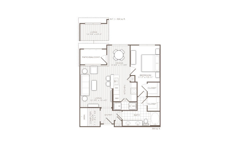 The Bowery - 1 bedroom floorplan layout with 1 bathroom and 809 - 924 square feet