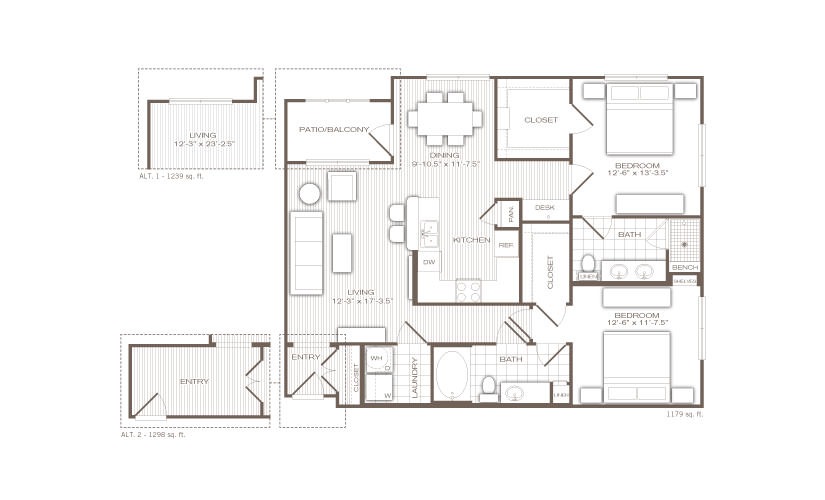 The Delano - 2 bedroom floorplan layout with 2 bathrooms and 1147 - 1298 square feet