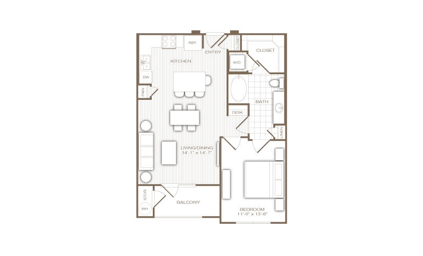 The Gramercy - 1 bedroom floorplan layout with 1 bathroom and 763 - 857 square feet