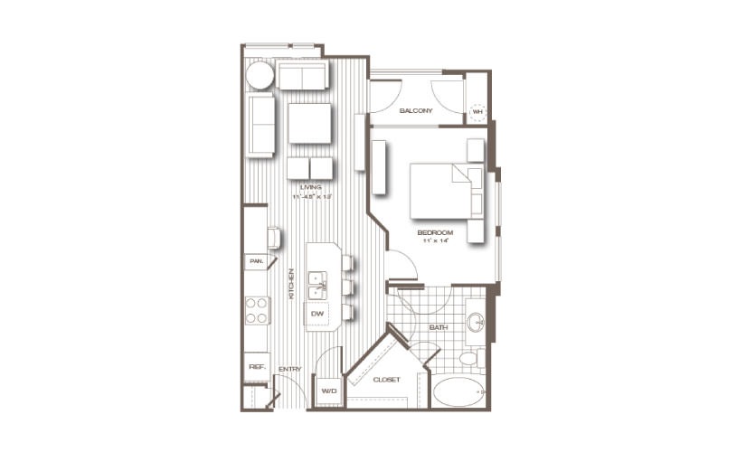 The Langham - 1 bedroom floorplan layout with 1 bathroom and 685 square feet