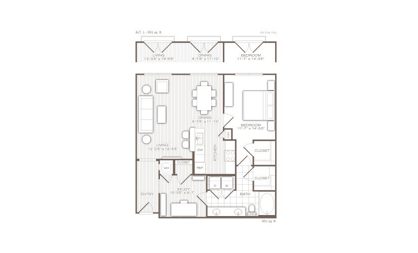 The Paramount - 1 bedroom floorplan layout with 1 bathroom and 951 - 974 square feet