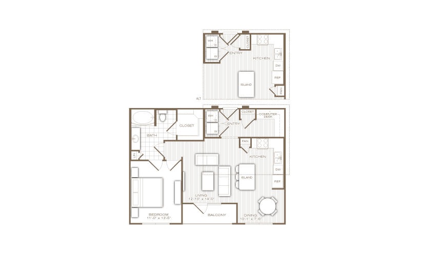 The Peninsula - 1 bedroom floorplan layout with 1 bathroom and 810 square feet
