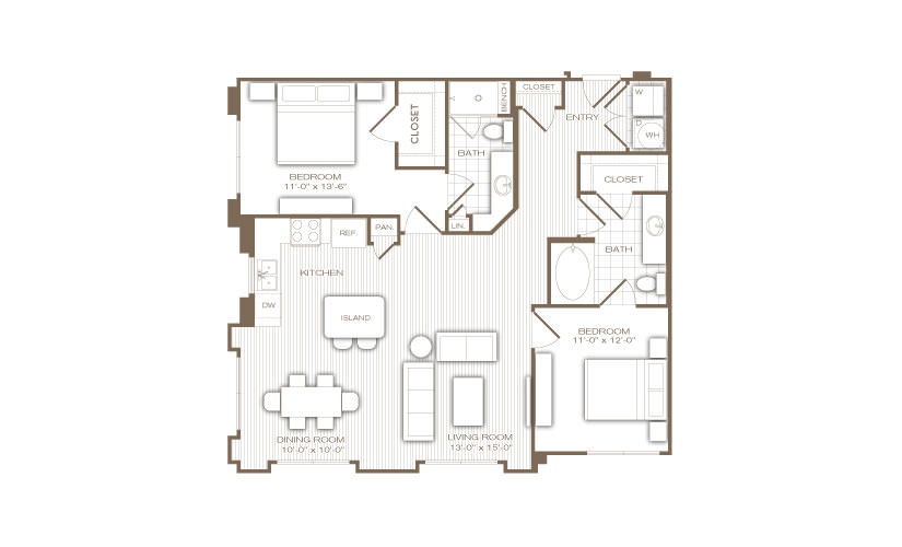 The San Jose - 2 bedroom floorplan layout with 2 bathrooms and 1145 square feet
