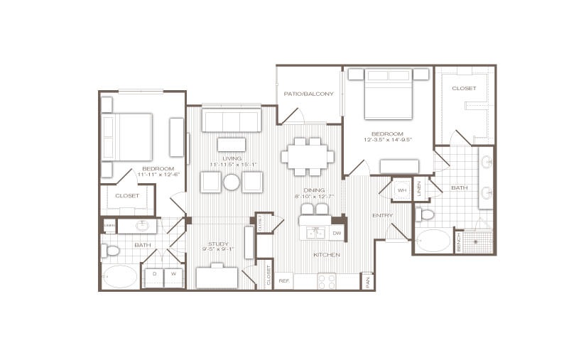 The Savoy - 2 bedroom floorplan layout with 2 bathrooms and 1375 square feet
