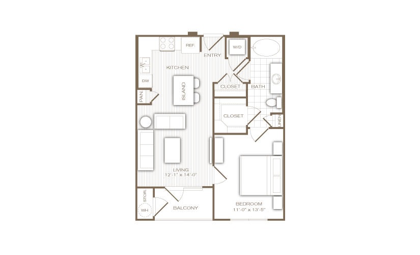 The Standard - 1 bedroom floorplan layout with 1 bathroom and 650 square feet