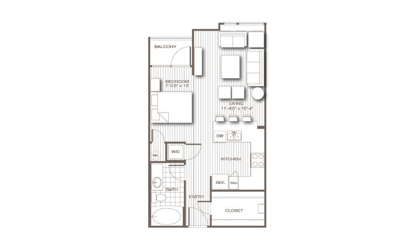 The Thompson - Studio floorplan layout with 1 bathroom and 580 square feet